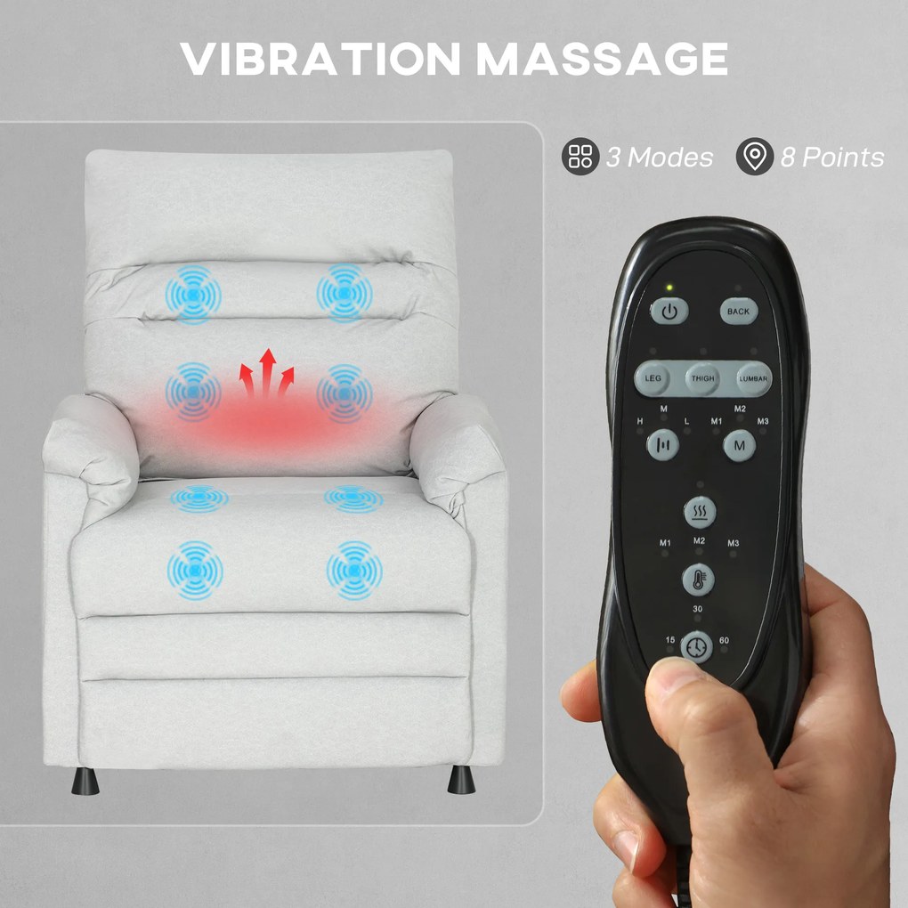 HOMCOM Fotoliu Relaxant Electric cu Masaj și Încălzire și Suport pentru Picioare, Silențios, Fotoliu Reclinabil 150° în Catifea Prietenoasă cu Animalele cu Funcție de Memorare, 2 Telecomenzi pentru Sufragerie, Gri Deschis | Aosom Romania