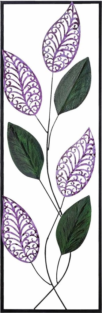 Decoratiune perete LEAF, verde/mov, metal, 32x90 cm