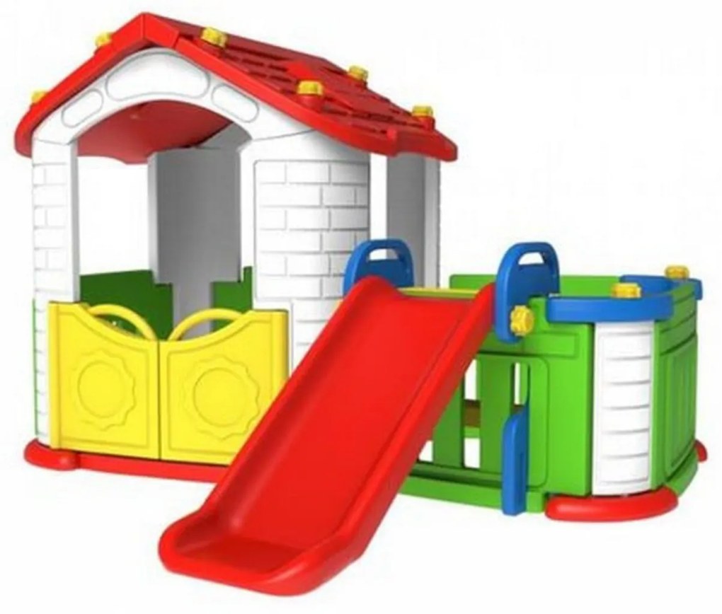 Casuta de joaca 3 in 1 Pentru Copii NOVOKIDS™ My Happy Playground, Cu Tobogan si Gard, Pentru Interior si Exterior, Maxim 40 Kg, Loc de joaca,