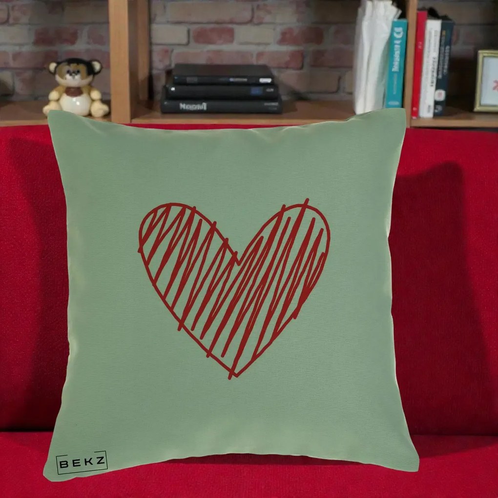 Perna Decorativa Inima Rosie Desen Manual, 40x40 cm, Verde, Husa Detasabila, Perna Inclusa, BEKZ®