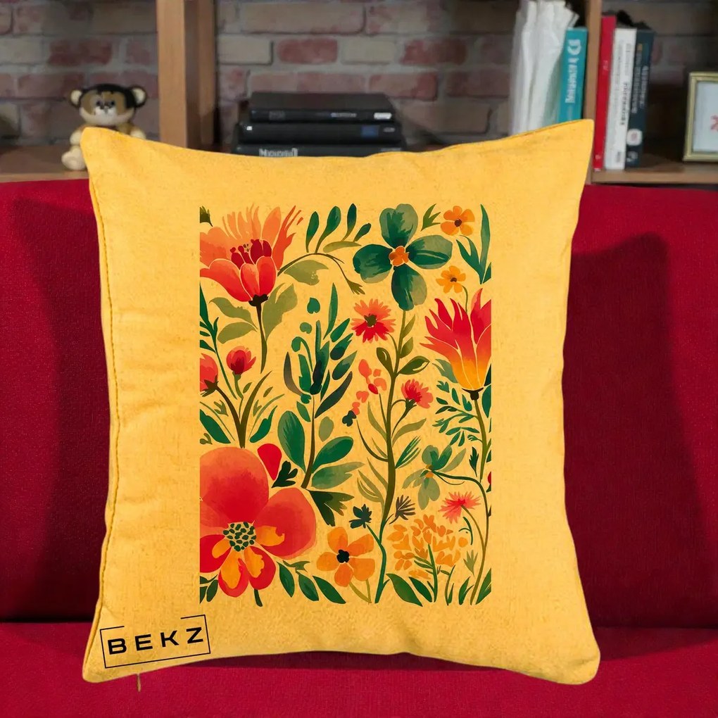 Perna Decorativa Gradina Florala Acuarela Colorata, 40x40 cm, Galben, Husa Detasabila, Perna Inclusa, BEKZ®