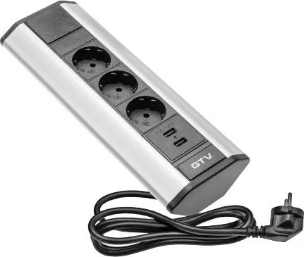 Priză de colț GTV, 3 prize Schuko, 2 porturi USB, aluminiu, 277 x 52 mm Aluminiu, Metal+plastic, AE-PBKT3S2U-80