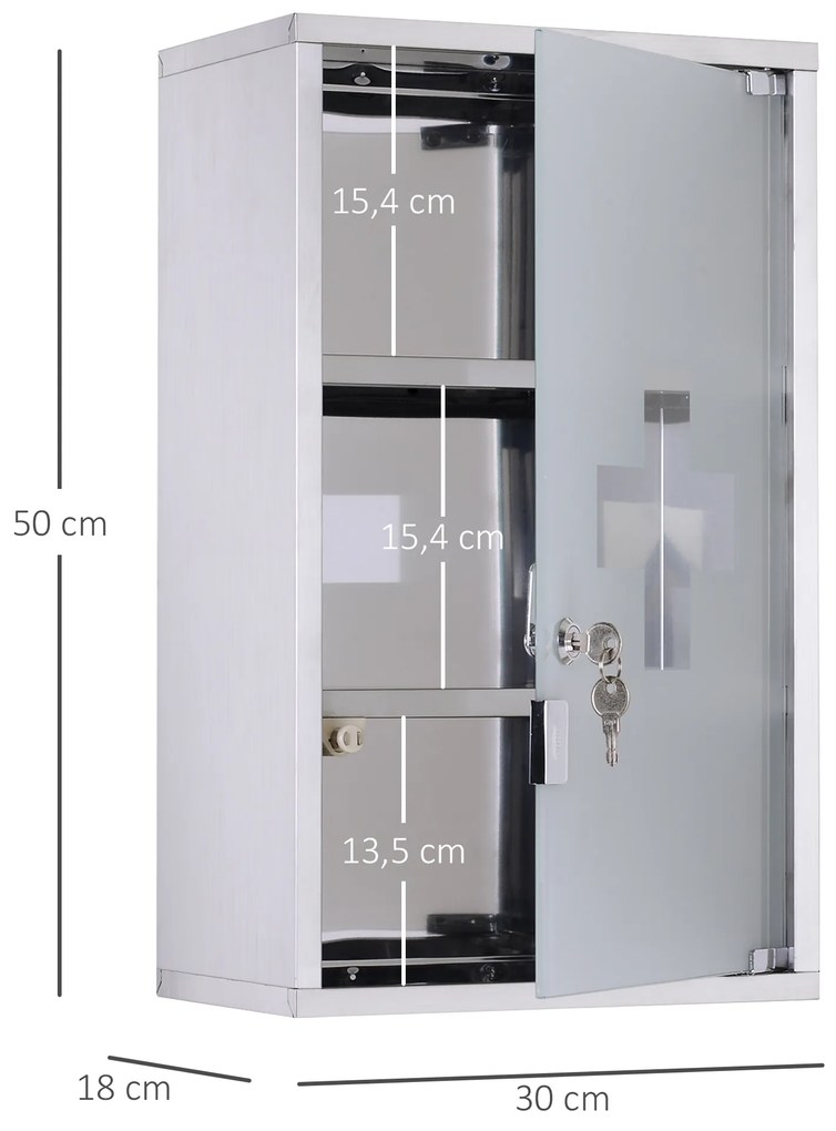 HOMCOM Dulap Medicamente din Oțel Inoxidabil 50x30x18 cm, Casetă Prim Ajutor cu Încuietoare &amp; 2 Chei | Aosom Romania