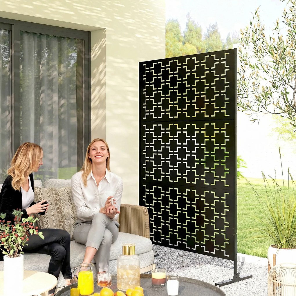 Outsunny Panou paravan decorativ de exterior cu model geometric decupat din metal - 122 x 45 x 198 cm, negru | Aosom Romania