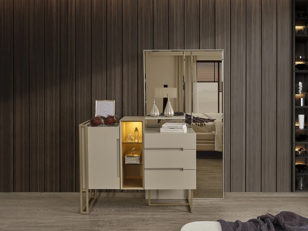 Set dormitor cu pat, noptiere, dulap, comoda din mdf crem si picioare metalice - riva