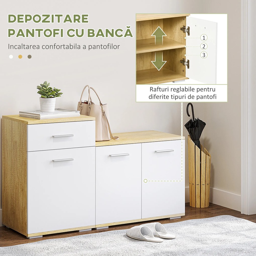 Set pentru Intrare 3 in 1 cu Cuier de Perete HOMCOM, Oglinda si Suport pentru Pantofi cu Banca din Lemn, Culoare Lemn natur si Alb | Aosom Romania