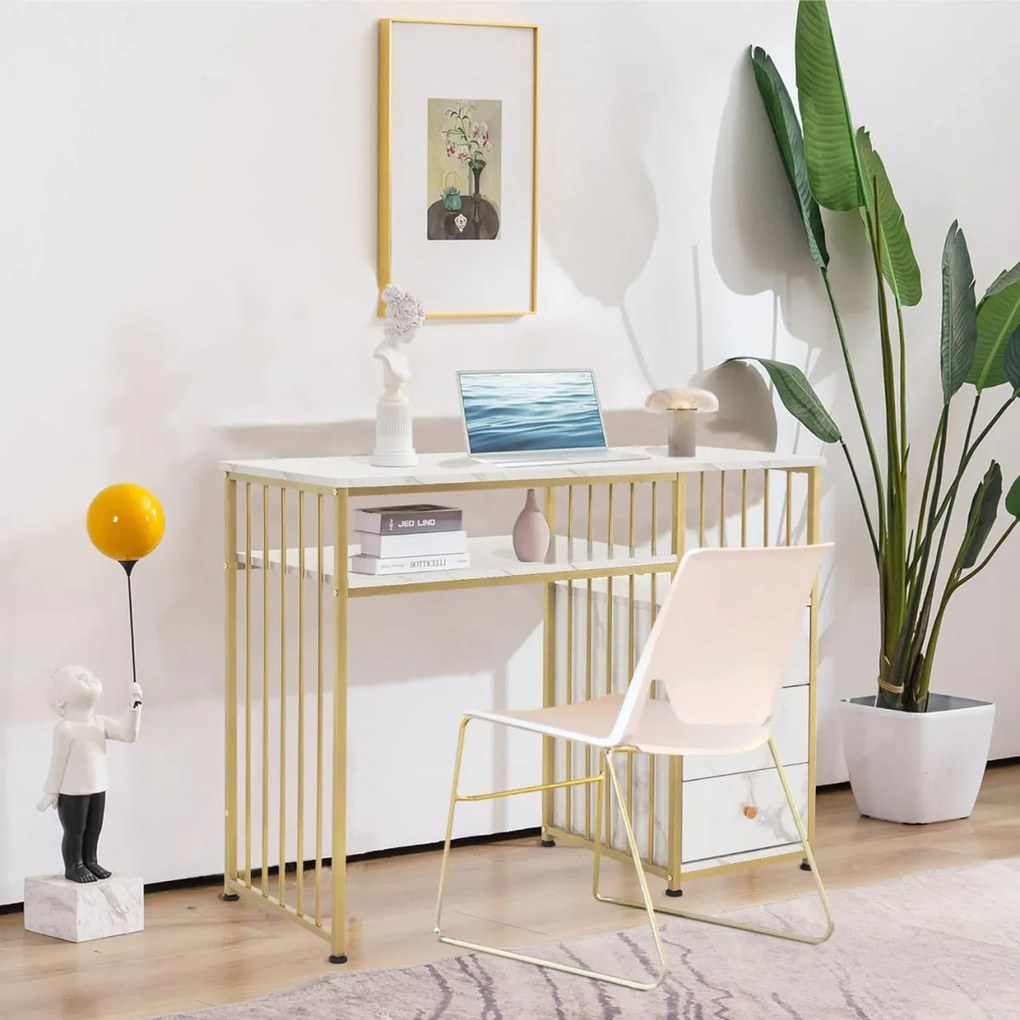 BIAU201 - Birou 109 cm, Masa Manichiura, masa de calculator cu 3 sertare, office, Imitatie de Marmura - Alb / Negru - Auriu