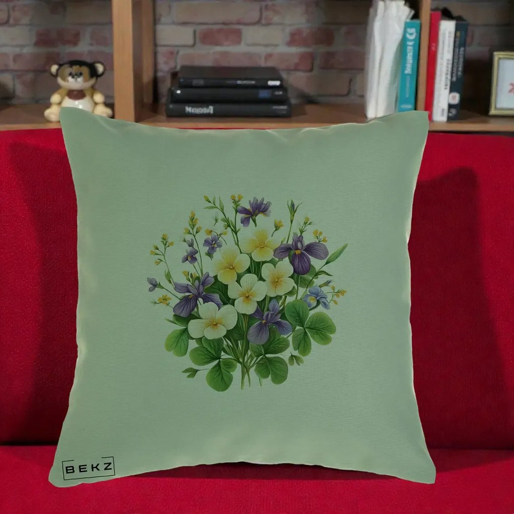 Perna Decorativa Viorele Iris Violet si Trifoi, 40x40 cm, Verde, Husa Detasabila, Perna Inclusa, BEKZ®