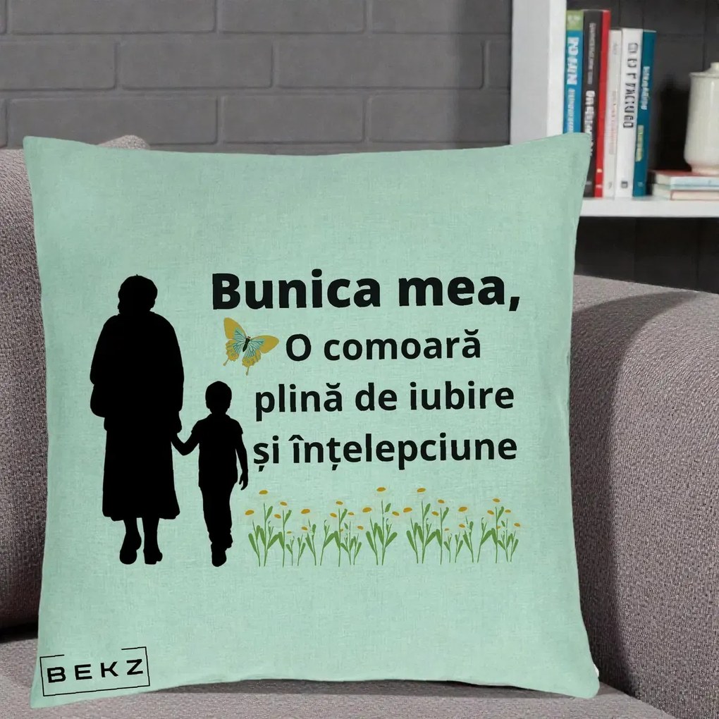Cadou pentru Bunica - Perna Personalizata Bunica Mea Comoara cu Fluture si Baietel, 40x40 cm, Verde Menta, Husa Detasabila, Perna Inclusa, BEKZ®