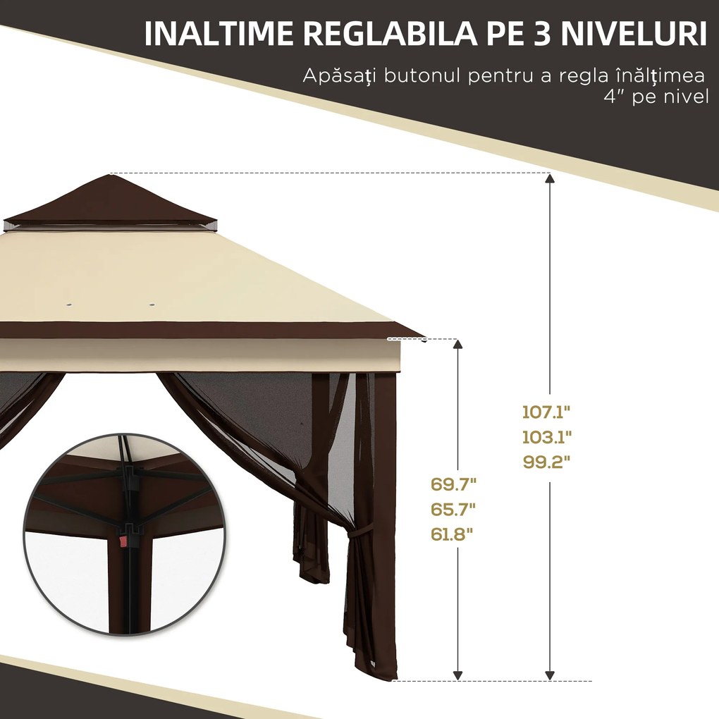 Outsunny Foisor Pop Up 3x3m Cu Plasa Si Geanta De Transport, Cort De Petrecere Reglabil In Inaltime Si Rezistent UV, Bej