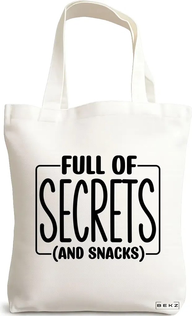 Sacosa de Panza pentru Cumparaturi, Geanta Tote, model Full of secrects and snacks, 38x34.5 cm, Alba, BEKZ®