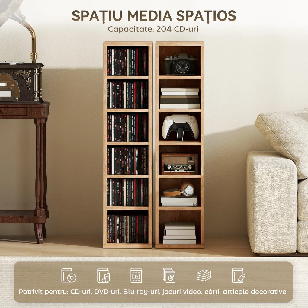 HOMCOM Set de 2 Mobili Suport CD cu Polițe Reglabile, Raft pentru 204 CD-uri Compact, Mobilier cu 12 Compartimente, pentru Living, Dormitor, Birou, 21x22,5x88,5cm, Culoare Lemn | Aosom Romania