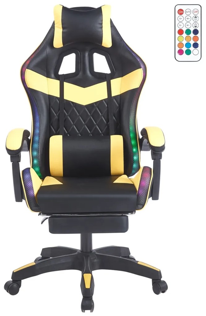 Scaun gaming, sistem iluminare bandă LED RGB, masaj în perna lombară, suport picioare, Negru/Galben