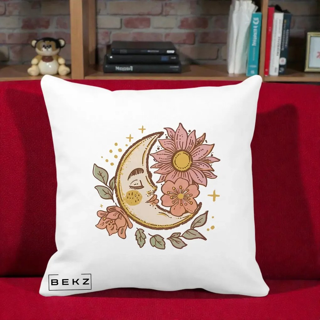 Perna Personalizata Luna Boho Chip Floral, 40x40 cm, Alba Mata, Husa Detasabila, Perna Inclusa, BEKZ®