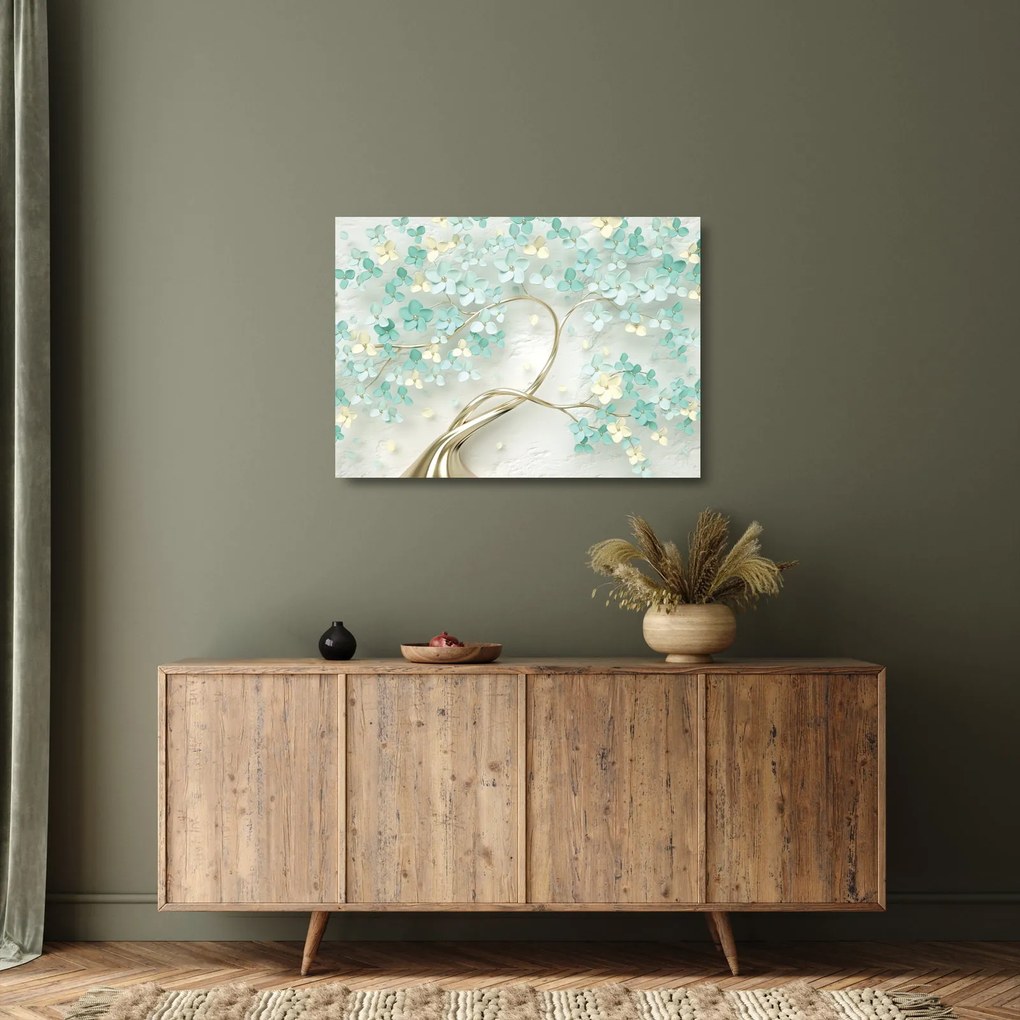 Tablou pe sticlă - Copac auriu înflorit (70x50 cm)