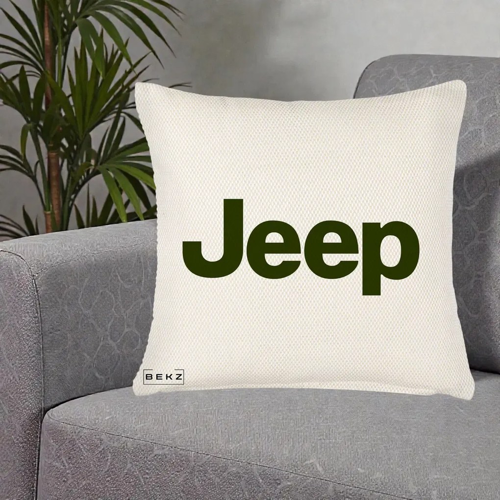 Perna Personalizata cu emblema Jeep, 40x40 cm, Crem Reliefat, Husa Detasabila, Perna Inclusa, BEKZ®