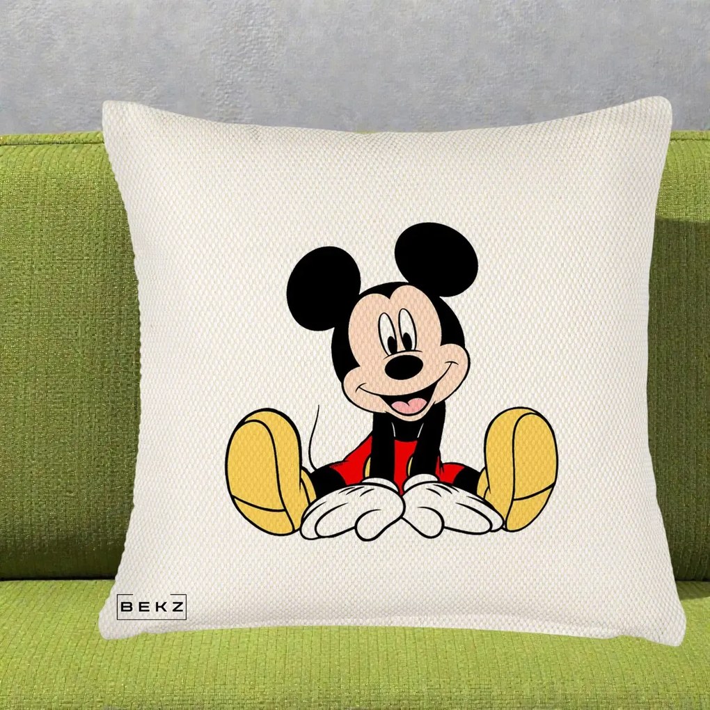 Perna Personalizata Mickey Mouse Relaxat, 40x40 cm, Crem Reliefat, Husa Detasabila, Perna Inclusa, BEKZ®