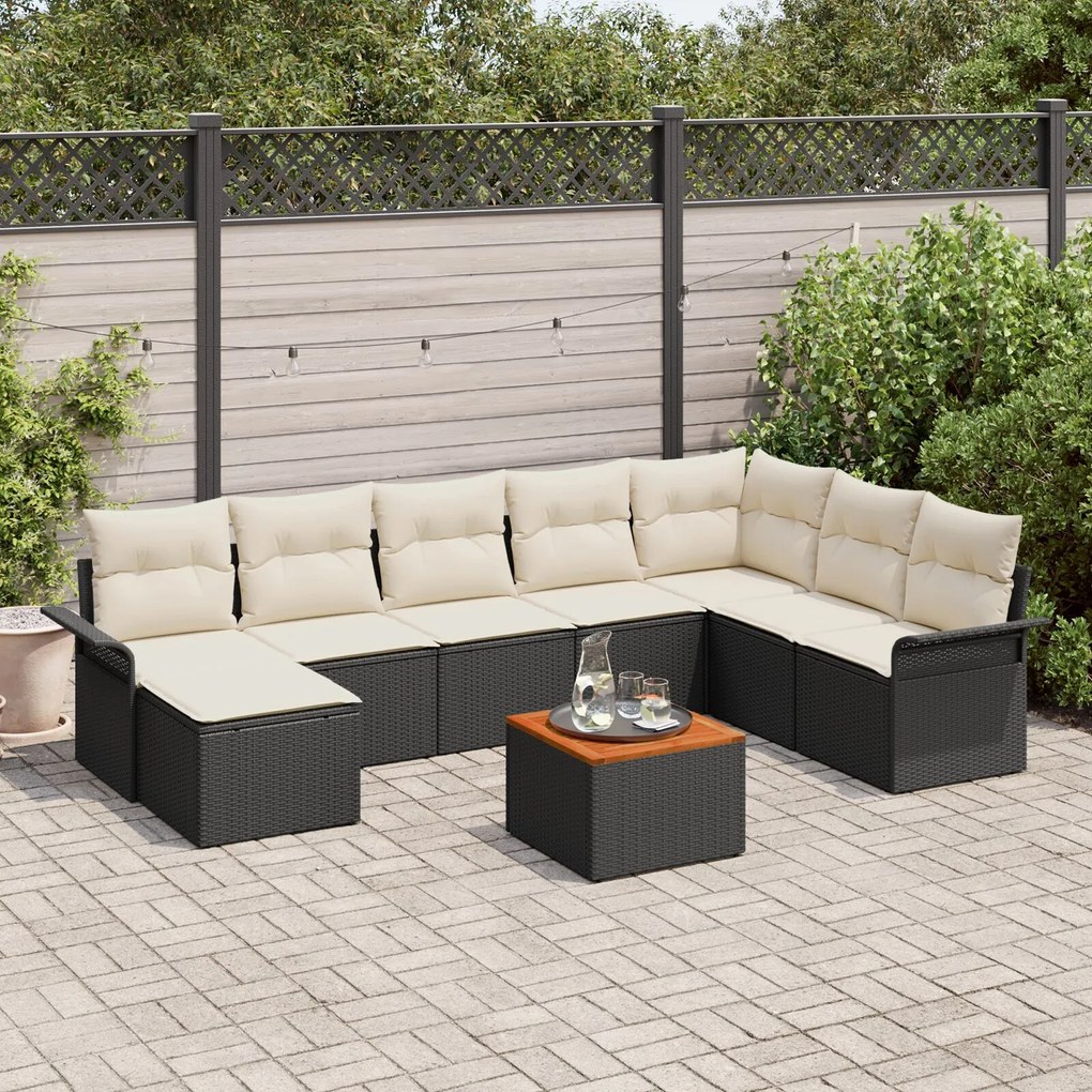 Set de canapele de grădină vidaXL 9 piese cu perne Negru Ratan Poliester Acacia