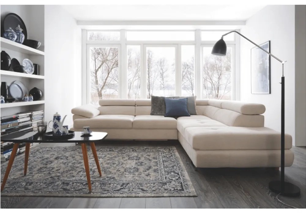 Colţar, material textil gri deschis, model dreapta, BUTON P