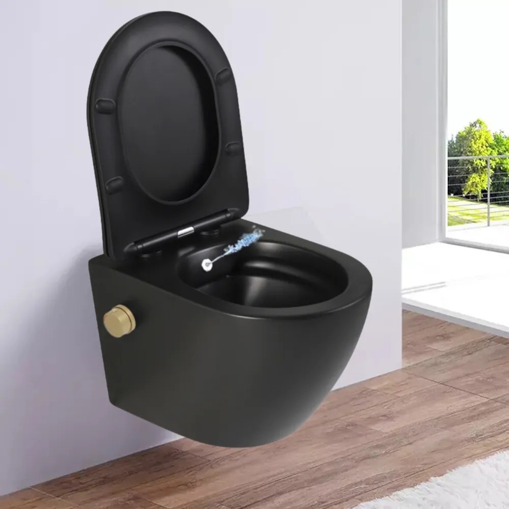 Vas wc suspendat cu functie bideu, negru mat, apa calda rece, rimless, baterie inclusa auriu mat Foglia Oslo Baterie auriu mat