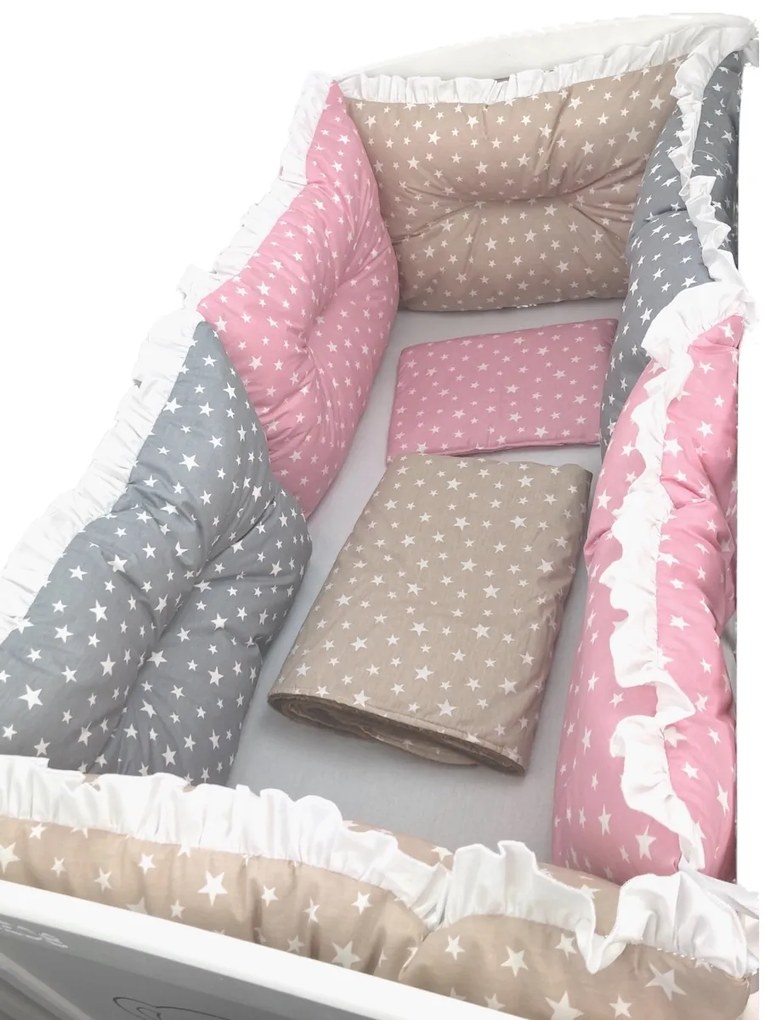 Set de 6 bucati aparatori protectii laterale patut Deseda Stelute pe roz-bej-gri