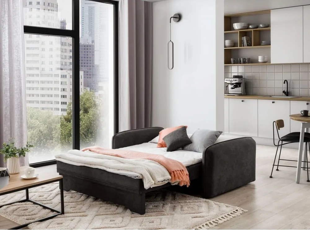 Canapea gri închis extensibilă/cu spațiu de depozitare cu tapițerie din chenille 155 cm Laine – ELTAP