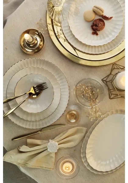 Set de masă 27 piese din porțelan, alb cu accente aurii