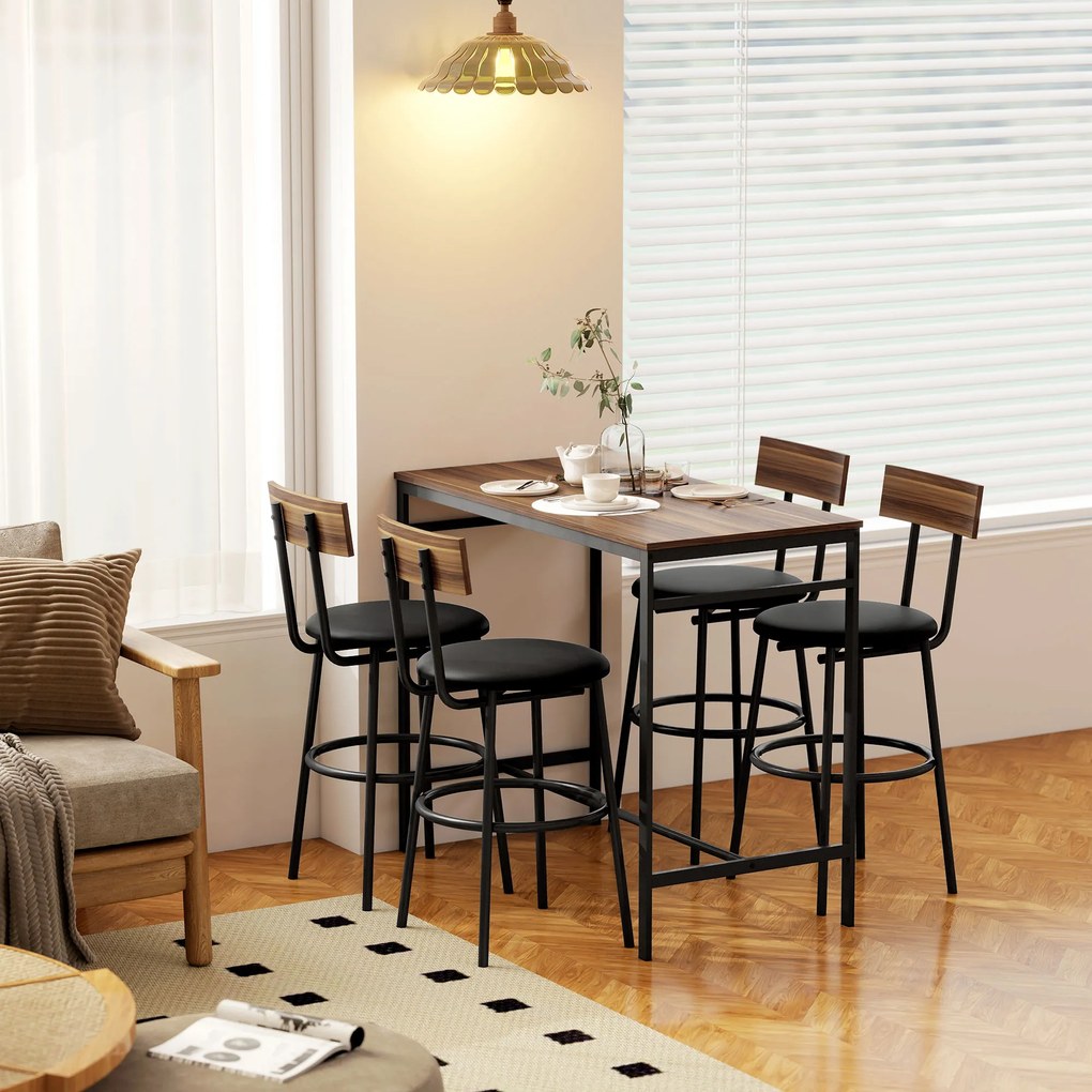 HOMCOM Set masă de bar 5 piese cu 4 scaune, design industrial, pentru bucătărie, sufragerie, lemn, oțel, maro | Aosom Romania