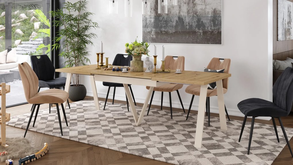 Mazzoni AVERY Stejar Artisan/picioare bej (sampanie) - MASĂ DE LOFT/INDUSTRIALĂ PENTRU SALON/SUFRAGERIE EXTENSIBILĂ - 2 MĂRIMI!