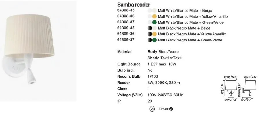 Aplica moderna design elegant SAMBA reader LED negru/verde