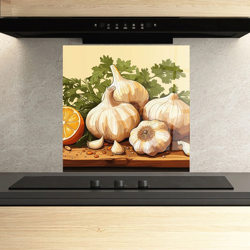 Panou Sticla Bucatarie, 100x100cm, Protectie aragaz, Antistropi, Termorezistent, Alimente, Condimente, Garlic Lemon