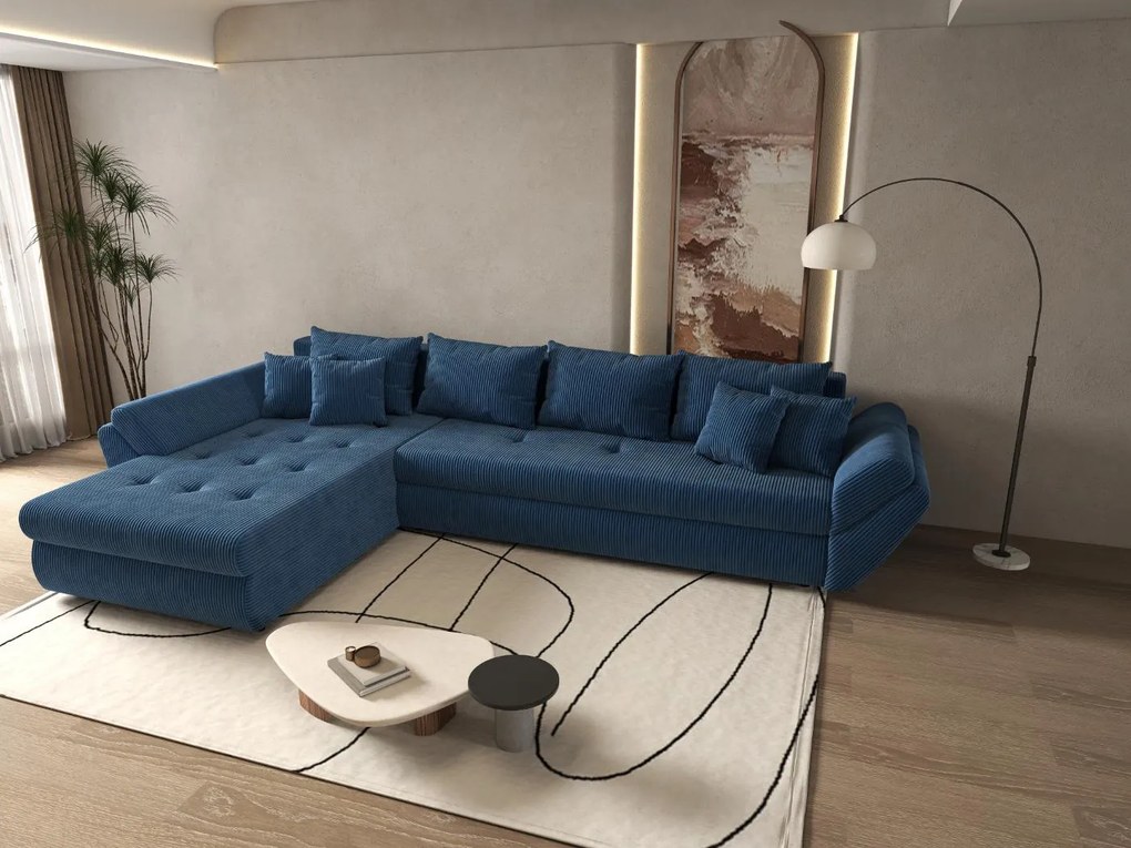 Colțar extensibil dumonde cu ladă de depozitare si sezut confortabil din spuma high-density, Loana XL Zoom Albastru 335x185 cm