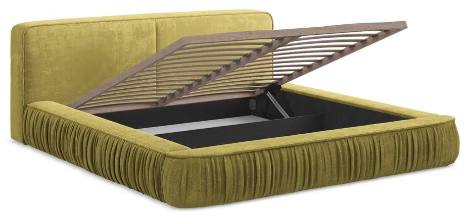 Pat dublu tapițat galben cu spațiu de depozitare cu grilă 140x200 cm Keoni - Makamii