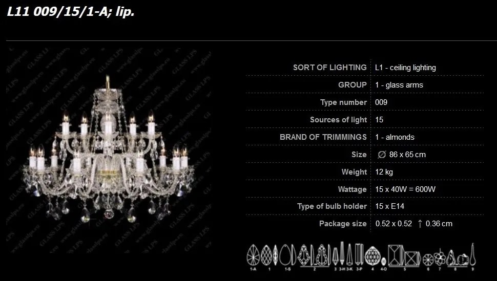 Lustra 15 brate cristal Bohemia L11 009/15/1-A; lip.