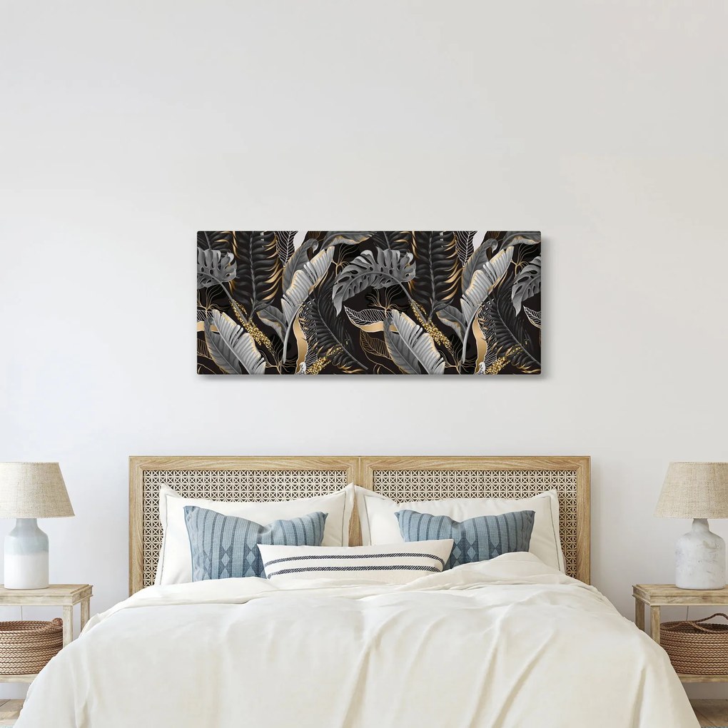 Tablou - Frunze tropicale, Galben - auriu (120x50 cm)