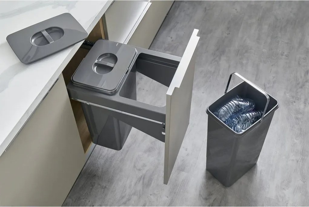 Cos gunoi incorporabil Front 45 Ecomax, cu extragere automata, colectare selectiva, gri antracit, 2 x 26 l Polipropilena Metal, 450 mm, L:410 mm;
