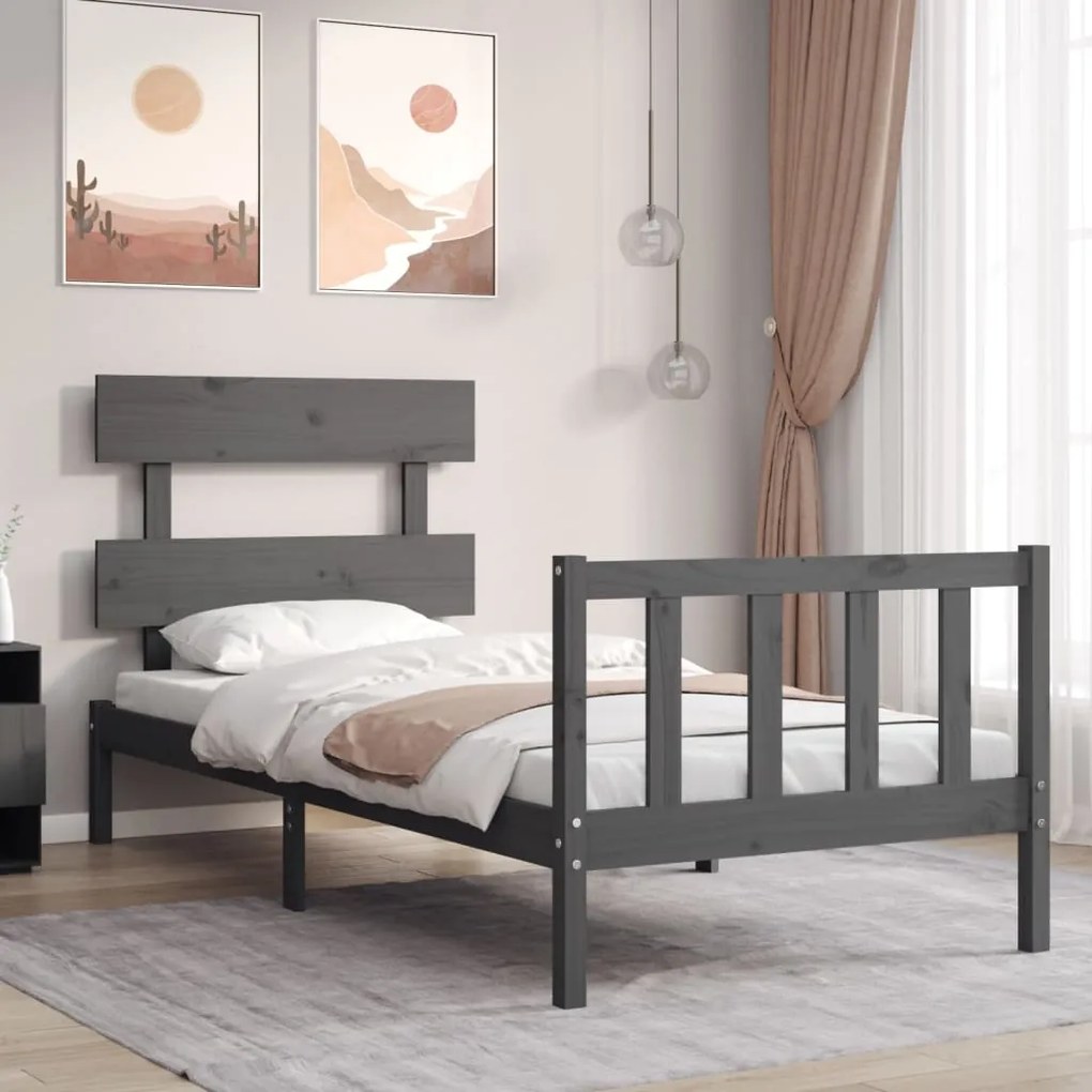 3193263 vidaXL Cadru de pat cu tăblie, gri, 100x200 cm, lemn masiv