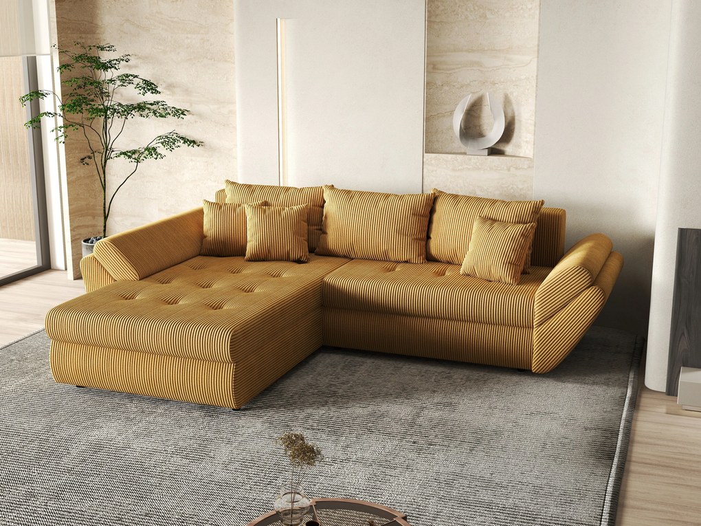 Colțar extensibil dumonde cu ladă de depozitare si sezut confortabil din spuma high-density, Loana Zoom Mustar 270x185 cm