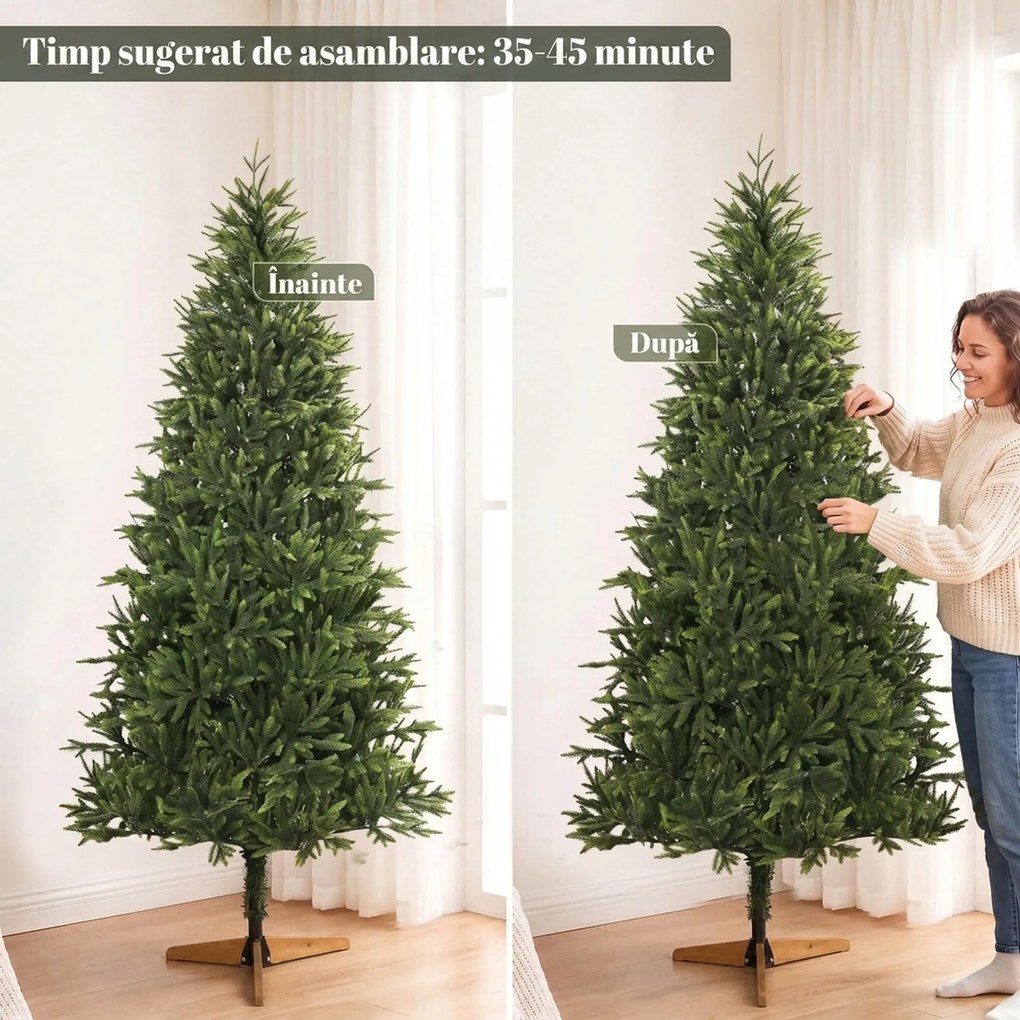 HOMCOM Brad artificial de Crăciun 180 cm, aspect realist și bogat, 732 ramuri din PE ignifug, bază pliabilă din lemn, verde | Aosom Romania