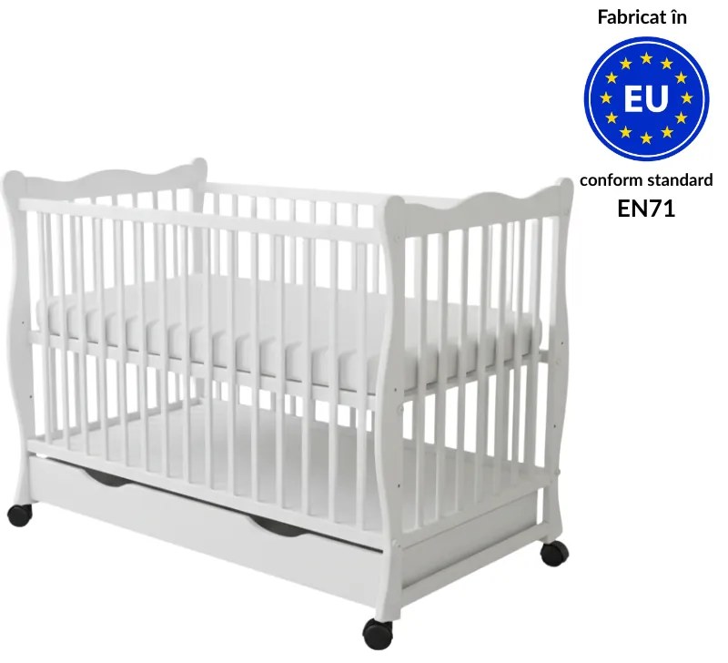 Patut din lemn masiv cu sertar, capac si roti 120x60 cm Kidizi Isla alb,reglabil pe 3 nivele, certificat EN71