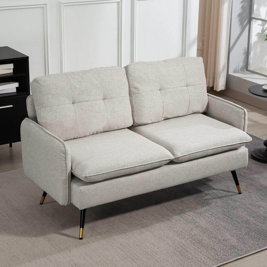 HOMCOM Divano 2 Posti in Tessuto Effetto Lino con Braccioli e Cuscini Imbottiti, Divanetto 2 Posti Moderno con Gambe in Acciaio, per Ufficio, Soggiorno, Salotto e Camera da Letto, 139x68x80 cm, Crema | Aosom Romania