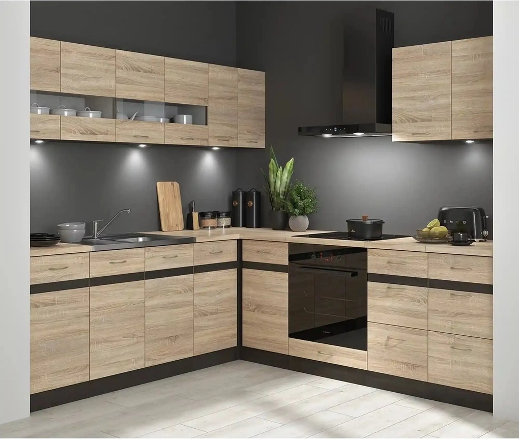 Mobila bucatarie in colt JUNONA LINE, stejar sonoma/wenge, PAL, 220x24