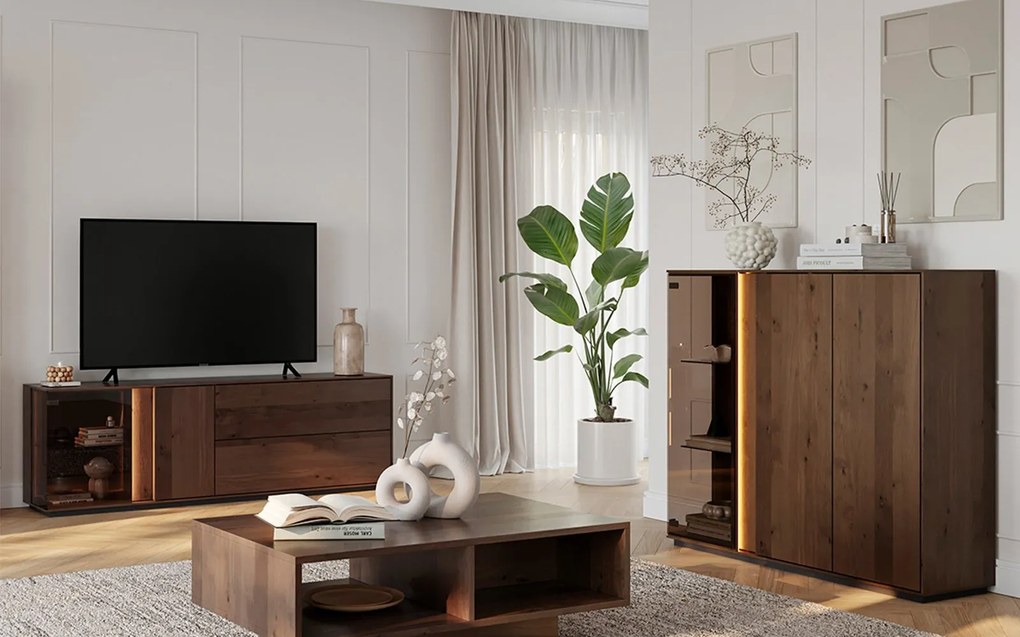 Comodă TV lemn masiv Aurora cu Vitrină Iluminată Stejar Fumuriu, 165 × 43.5 × 60 cm