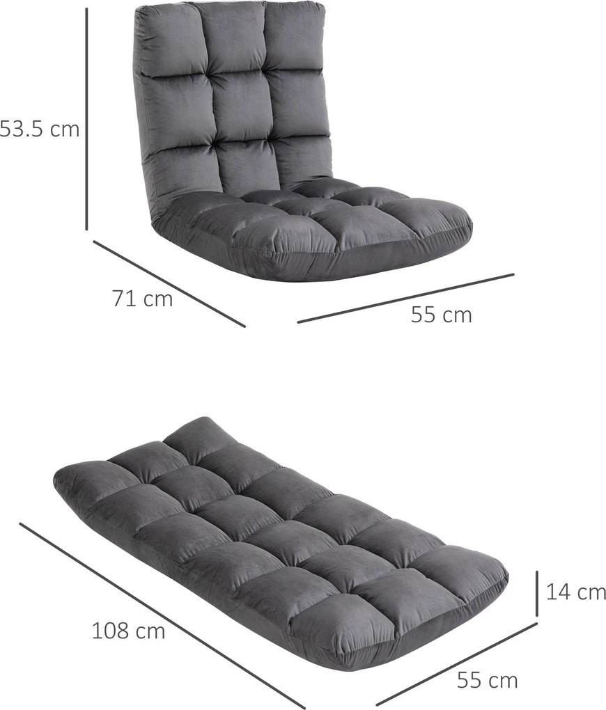 HOMCOM Fotoliu de Podea din Catifea cu Spătar Reglabil până la 180° și Tapițerie Groasă, 55x71x53.5cm, Gri Închis | Aosom Romania