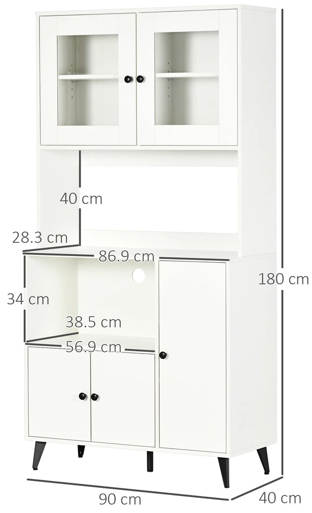 HOMCOM Bufet de bucătărie cu 3 dulapuri, nișe, rafturi reglabile, uși vitrate, pasă-cablu, 90x40x180cm, alb | Aosom Romania