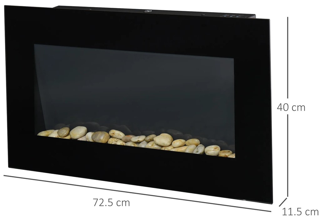Șemineu electric de perete HOMCOM 1000/2000 W, efect flacără LED 7 culori, 72,5 x 11,5 x 40 cm, negru | Aosom Romania
