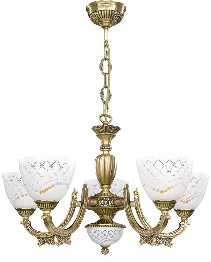 Candelabru cu 5 brate clasic design italian din alama, sticla 7052 RA-L. 7052/5
