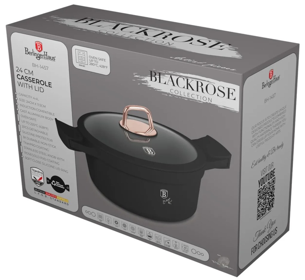 Oală cu capac și mânere de silicon detașabile 24 cm, 4.4L – Berlinger Haus Black Rose Collection BH 1457, neagră, strat antiaderent cu titan, pentru