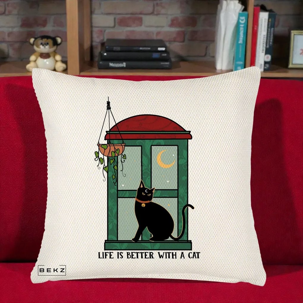 Perna Personalizata Life is Better with a Cat Geam, 40x40 cm, Crem Reliefat, Husa Detasabila, Perna Inclusa, BEKZ®