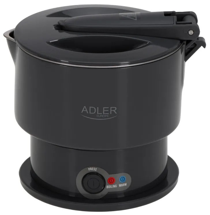 Fierbator pentru calatorii Adler AD 1377, 600W, 0,6 l, Corp pliabil din silicon, Protectie la supraincalzire, Indicator luminos, Gri/Negru